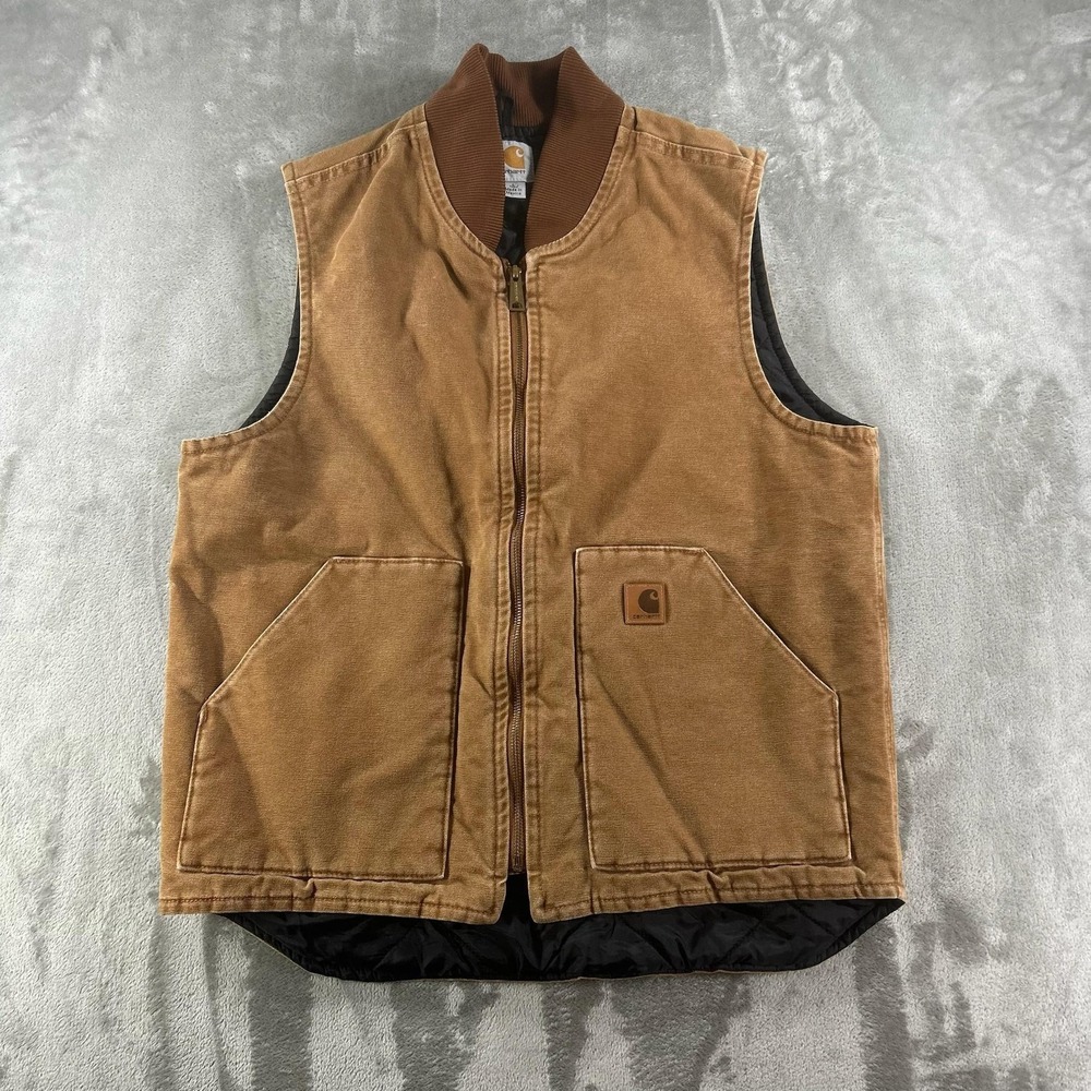 Carhartt Vest Mens LT Brown Canvas Quilted Lined Insulated Zip Workwear V02